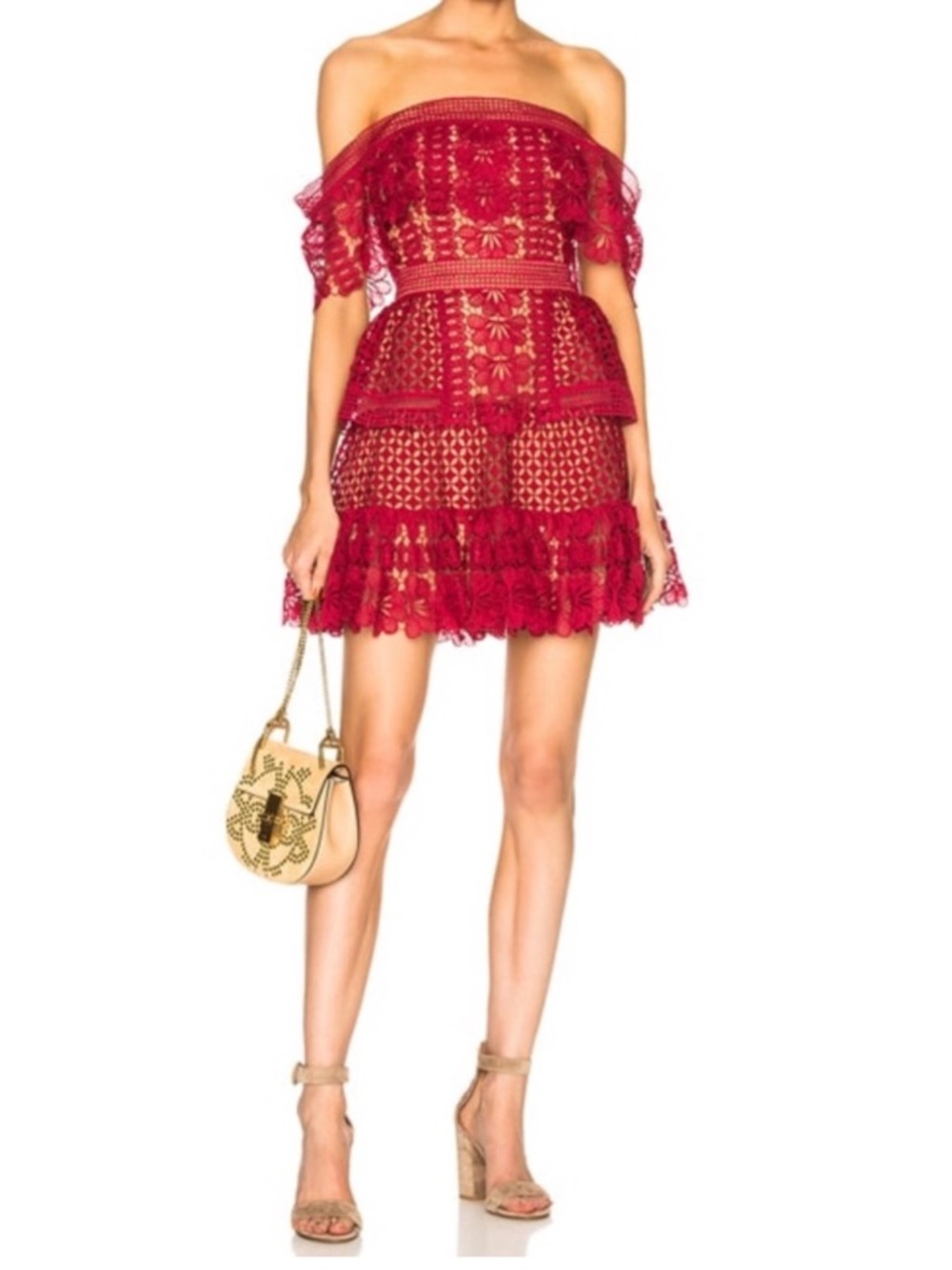 SELF-PORTRAIT Off Shoulder Guipure Mini Dress in Red